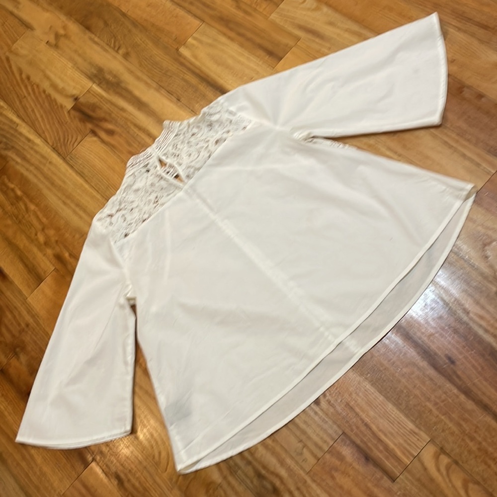 Worthington Chocker 3/4 Sleeve White lace cotton Mock Neck Shirt Petite M PM - Picture 13 of 17